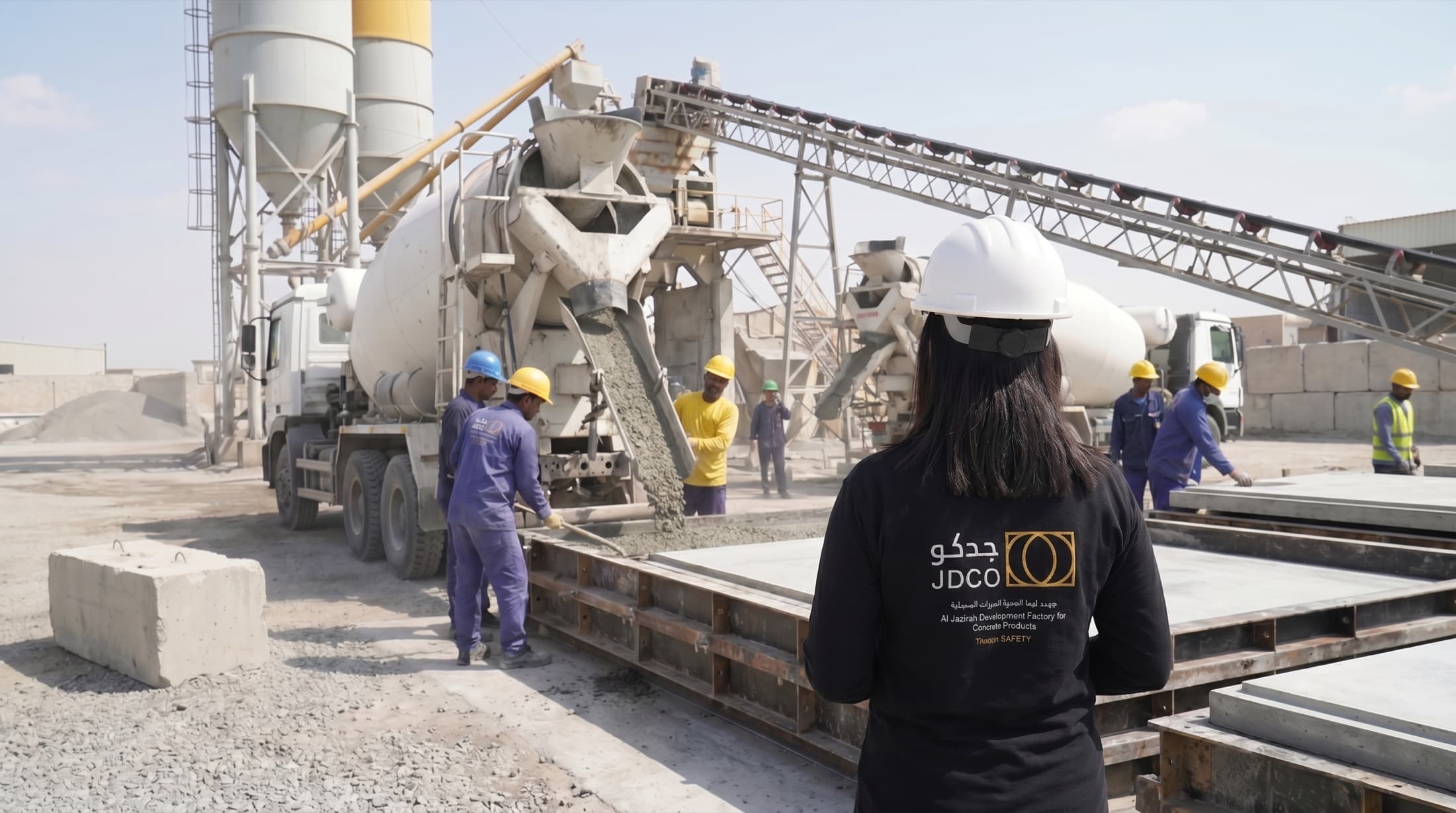 JDCO crew casting semi-dry precast elements at the Riyadh production yard